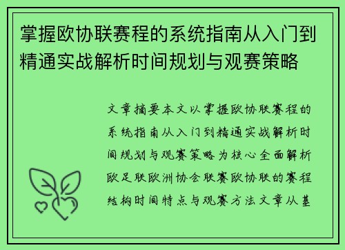 掌握欧协联赛程的系统指南从入门到精通实战解析时间规划与观赛策略