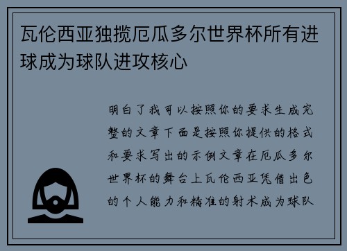瓦伦西亚独揽厄瓜多尔世界杯所有进球成为球队进攻核心